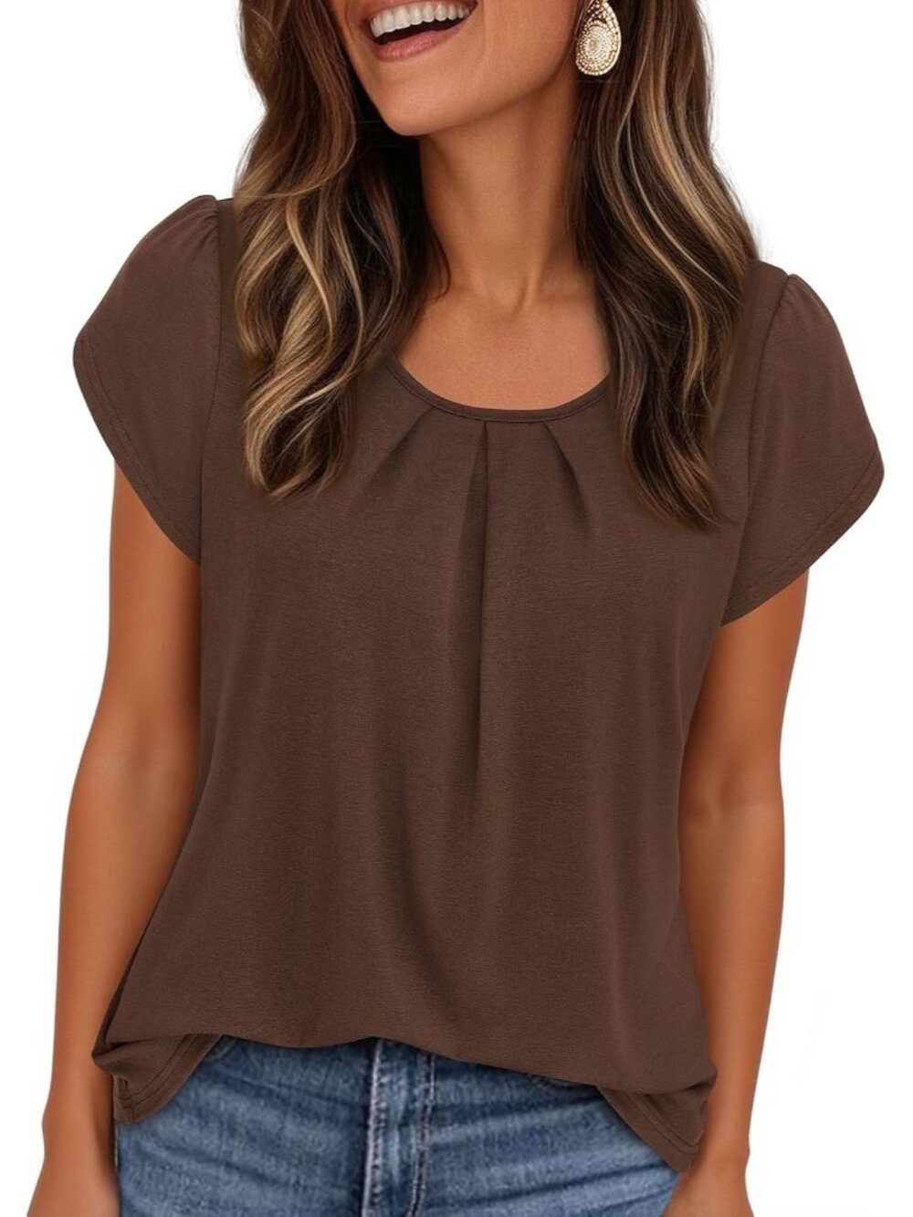 Women's Brown Short Sleeve Pull On Crew Neck Casual Tops Imported T Shirts